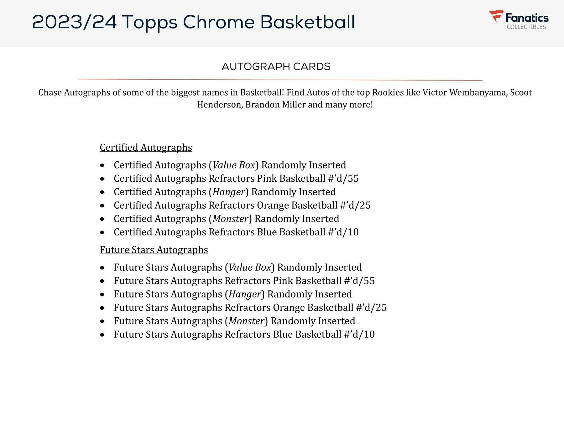 2023/24 Topps Chrome Basketball autograph card checklist with refractors pink basketball and future stars autographs