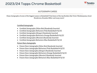 2023/24 Topps Chrome Basketball autograph card checklist with refractors pink basketball and future stars autographs