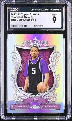 Graded De’Aaron Fox basketball card from 2023-24 Topps Chrome Roundball Royalty collection
