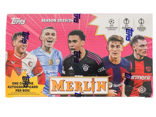 2023-24 Topps Chrome Merlin UEFA Club Competitions Soccer Hobby Box with refractor parallel and merlin’s match ball