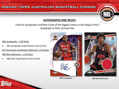 Basketball card advertisement featuring Big City Ballers superfractors one-of-one refractors orange in 2023-24 Topps Chrome NBL box