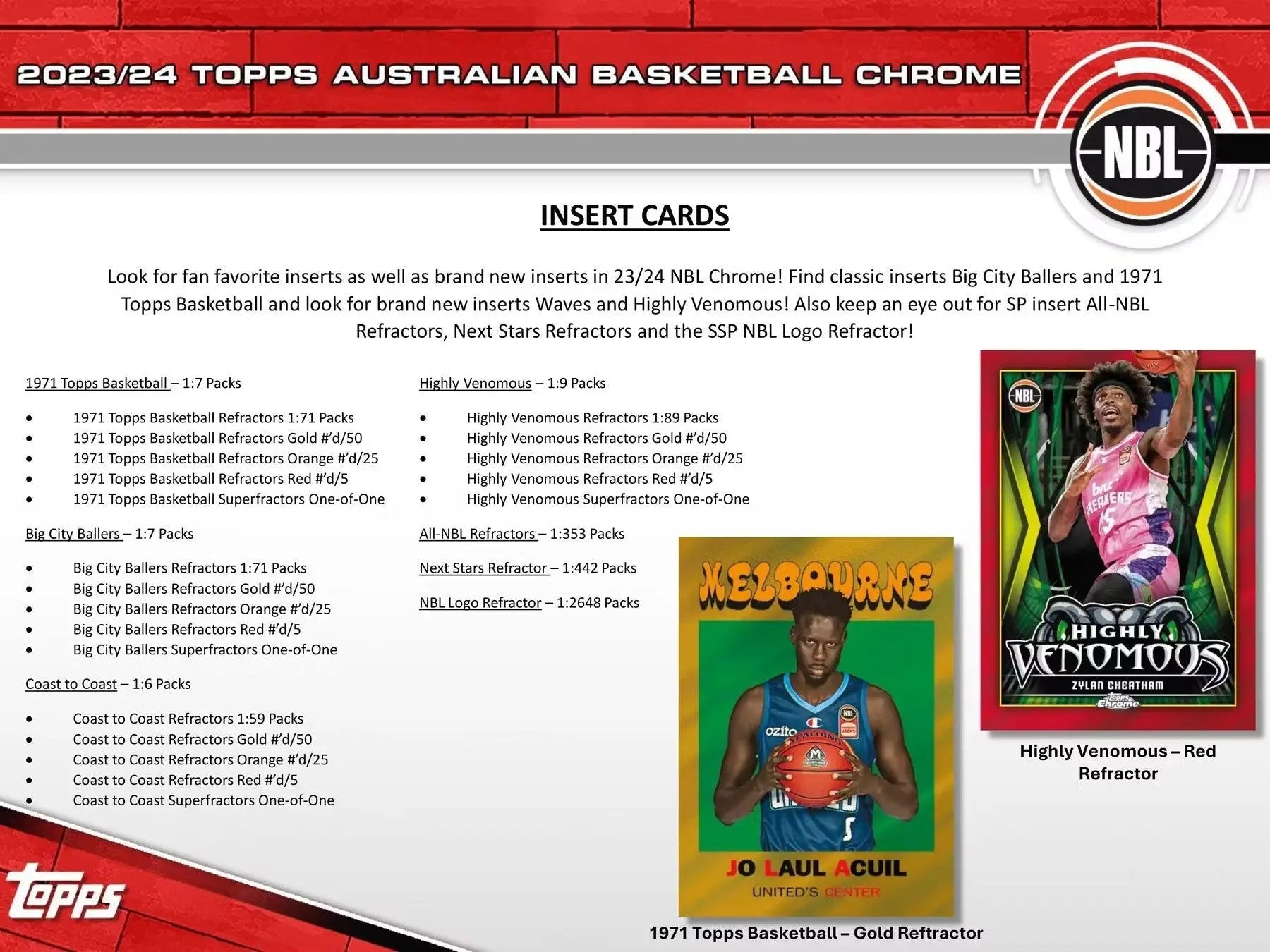 Basketball card product info for 2023-24 Topps Chrome NBL hobby box featuring refractors orange and superfractors one-of-one