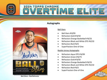 2023-24 Topps Chrome Overtime Elite Basketball Hobby Box featuring a basketball trading card with superfractors one-of-one refractors orange basketball