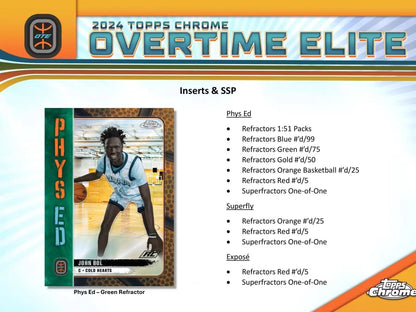 Basketball card inserts and SSP info from 2023-24 Topps Chrome Overtime Elite hobby box with superfractors one-of-one refractors orange basketball