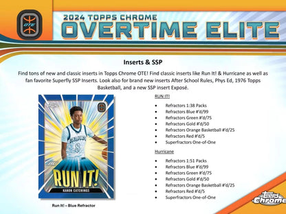 Basketball card promotion featuring Topps Chrome refractors orange basketball and superfractors one-of-one in 2023-24 Topps Chrome Overtime Elite Hobby Box