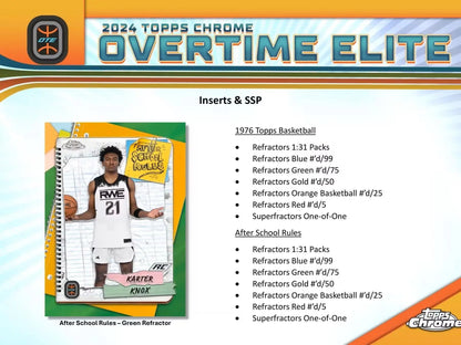 2024 Topps Chrome Overtime Elite basketball card featuring refractors orange basketball and superfractors one-of-one