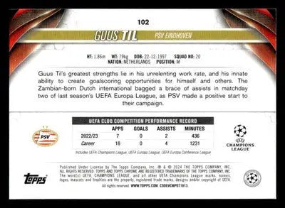 Guus Til PSV Eindhoven 2023-24 Topps Chrome UEFA Club trading card in chrome uefa club collection