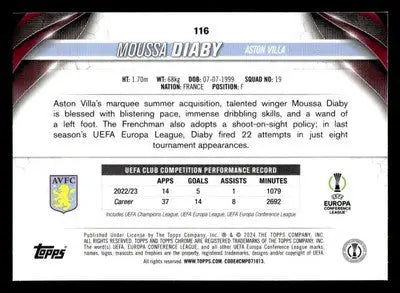 Footballer Moussa Diaby trading card from 2023-24 Topps Chrome UEFA Club Competitions