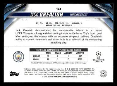 Back of Jack Grealish Manchester City trading card from 2023-24 Topps Chrome UEFA Club collection