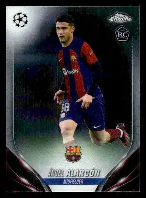 Topps Chrome UEFA trading card featuring male soccer player Ángel Alarcón in blue and red jersey