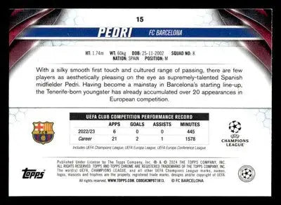 Collectible Pedri Pulsar Refractor trading card from 2023-24 Topps Chrome UEFA Club series