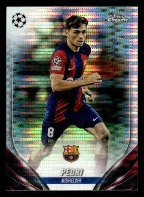 Soccer trading card featuring Pedri Pulsar Refractor from 2023-24 Topps Chrome UEFA Club
