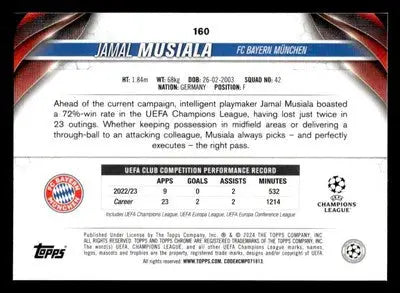 Back of a Jamal Musiala Topps Chrome UEFA FC Bayern München trading card