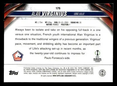 Back of 2023-24 Topps Chrome UEFA Club Competitions Alan Virginius trading card