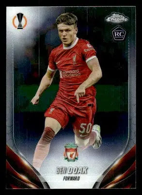 Ben Doak Topps Chrome UEFA trading card in red Liverpool kit with UEFA Europa League logo