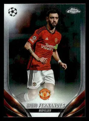 Topps Chrome UEFA football trading card of Bruno Fernandes in Manchester United jersey