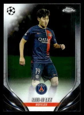 Topps Chrome UEFA Club soccer card featuring Kang-in Lee in PSG uniform for 2023-24 season