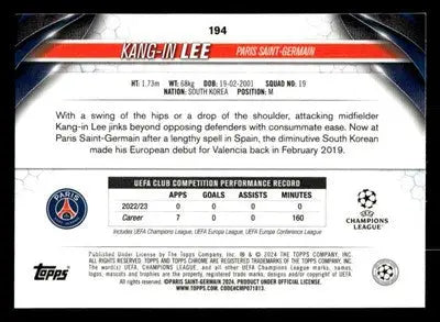 Back of Kang-in Lee Paris Saint-Germain football trading card from 2023-24 Topps Chrome UEFA Club Competitions