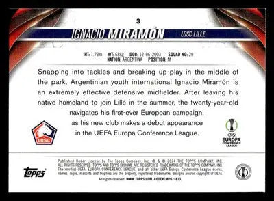 Back of a collectible 2023-24 Topps Chrome UEFA Club Competitions Ignacio Miramón card