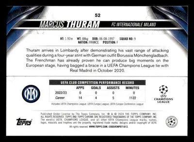 Back of 2023-24 Topps Chrome UEFA Club Competitions Marcus Thuram trading card showing chrome uefa club details