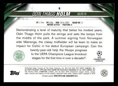 Trading card of Odin Thiago Holm from 2023-24 Topps Chrome UEFA Club Competitions