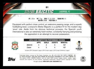 Topps Chrome UEFA football trading card of Stefan Bajcetic from 2023-24 Topps Chrome UEFA Club