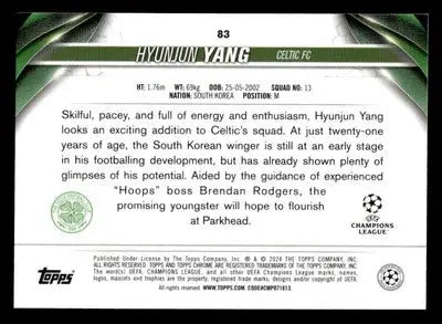 Back of Hyunjun Yang football trading card from 2023-24 Topps Chrome UEFA Club Competitions
