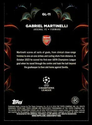 Collectible chrome UEFA club trading card featuring Gabriel Martinelli Golazo from Topps Chrome UEFA