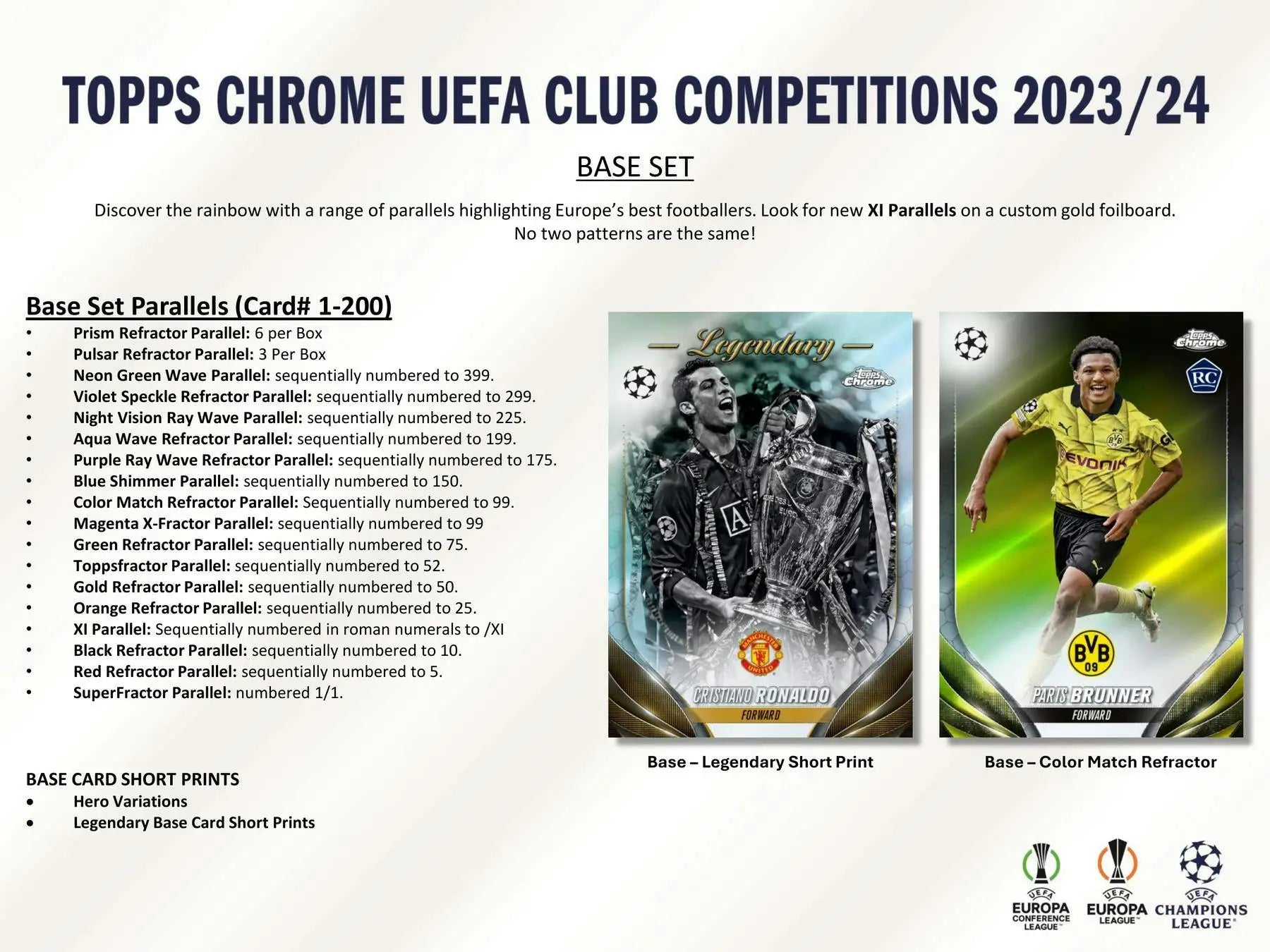 Trading card product advertisement featuring 2023-24 Topps Chrome UEFA Club Competitions with wave refractor and mini diamond parallels