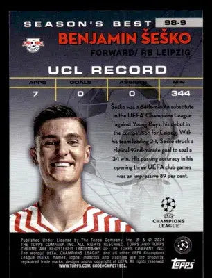 Collectible Benjamin Šeško football trading card from 2023-24 Topps Chrome UEFA Club Comps