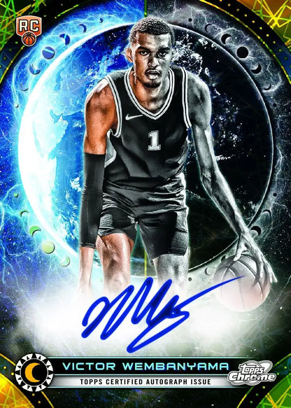Basketball trading card of a San Antonio Spurs player in black jersey, Cosmic Chrome design