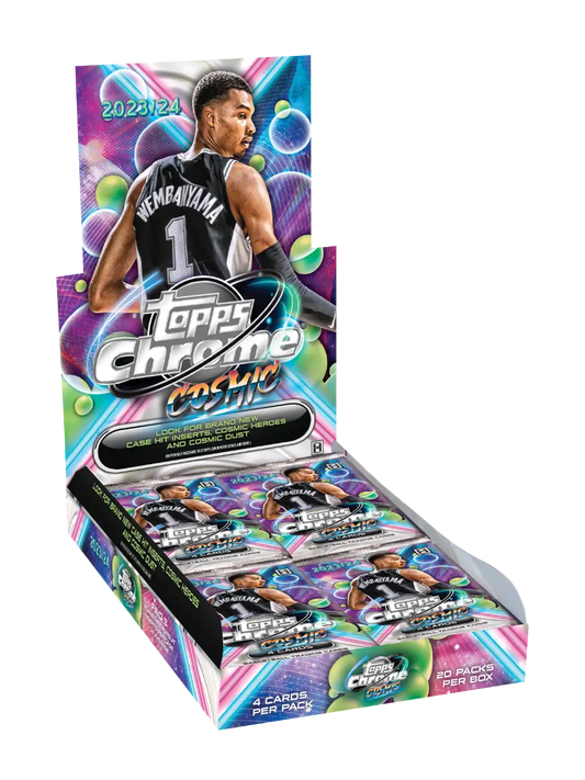 Display box of 2023-24 Topps Cosmic Chrome Basketball with colorful cosmic design