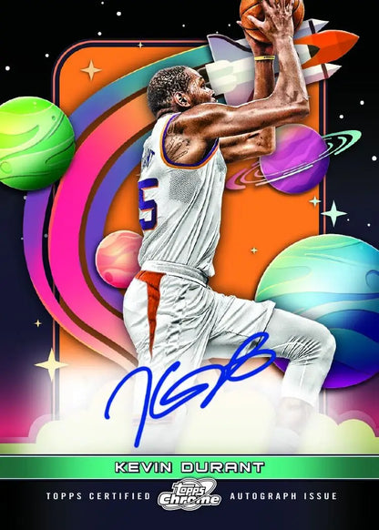 Basketball trading card of player in white jersey against cosmic chrome background