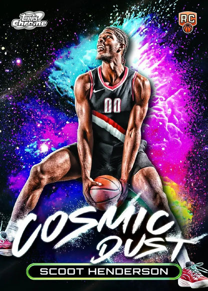 Basketball trading card of a Portland Trail Blazers player on cosmic chrome background