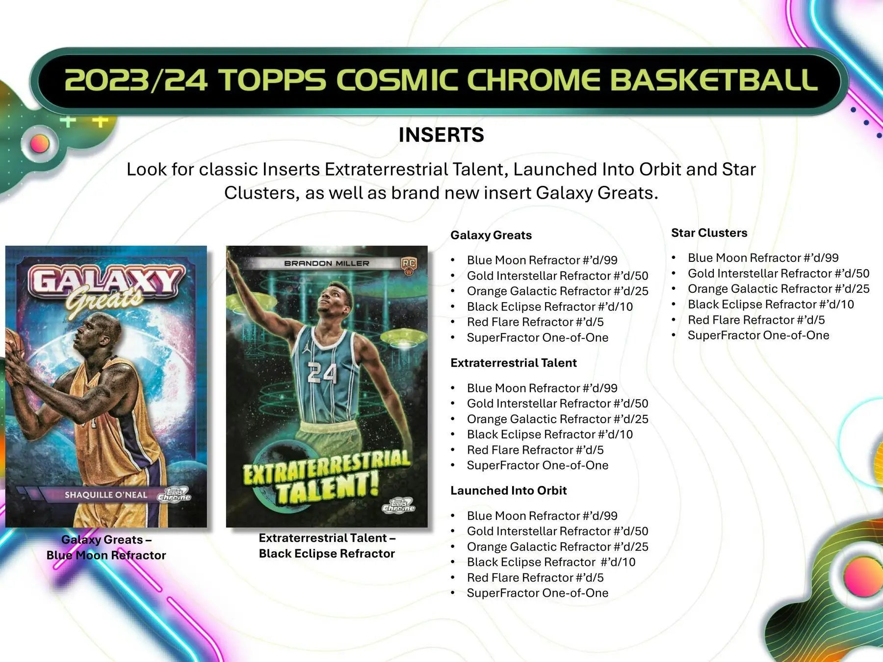 Basketball card inserts featuring Gold Interstellar and Black Eclipse refractors from 2023-24 Topps Cosmic Chrome Hobby Box