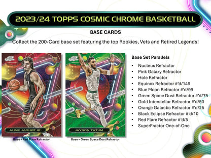 Basketball card advertisement featuring 2023-24 Topps Cosmic Chrome Hobby Box with gold interstellar refractor