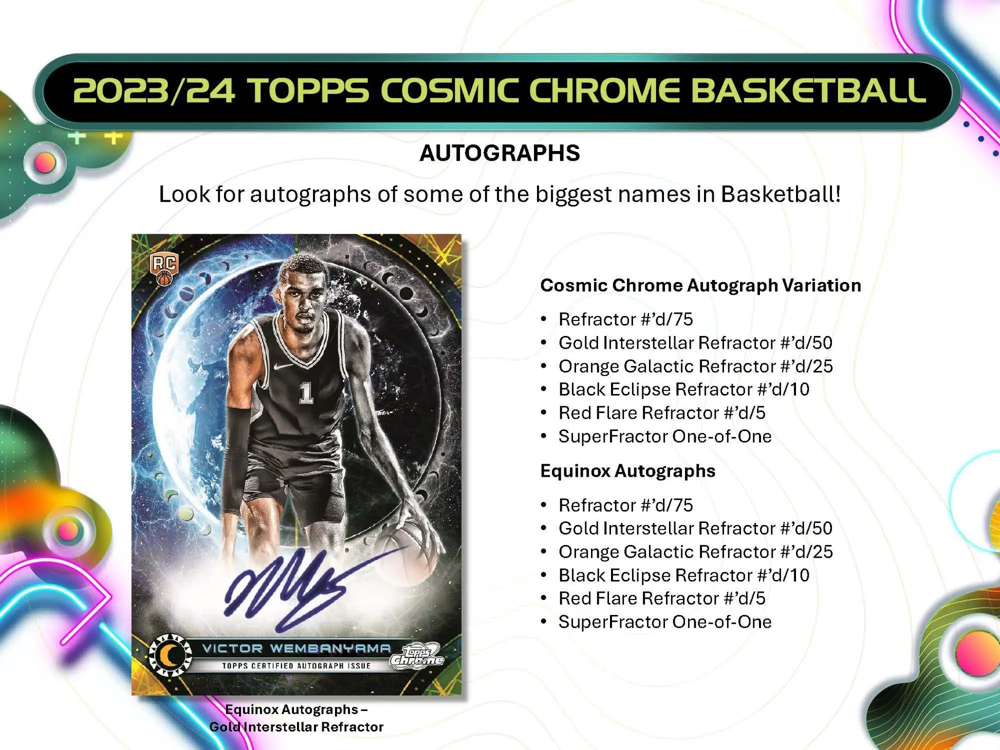 2023-24 Topps Cosmic Chrome Basketball trading card of Victor Wembanyama with autograph and refractor parallels