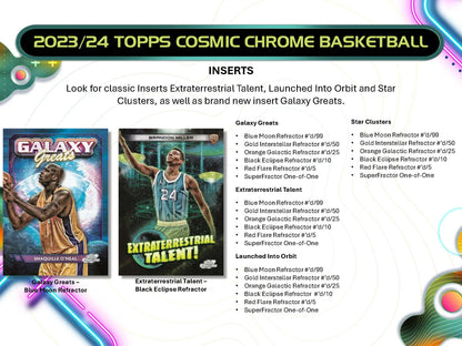 Promotional flyer for 2023/24 Topps Cosmic Chrome Basketball trading card inserts