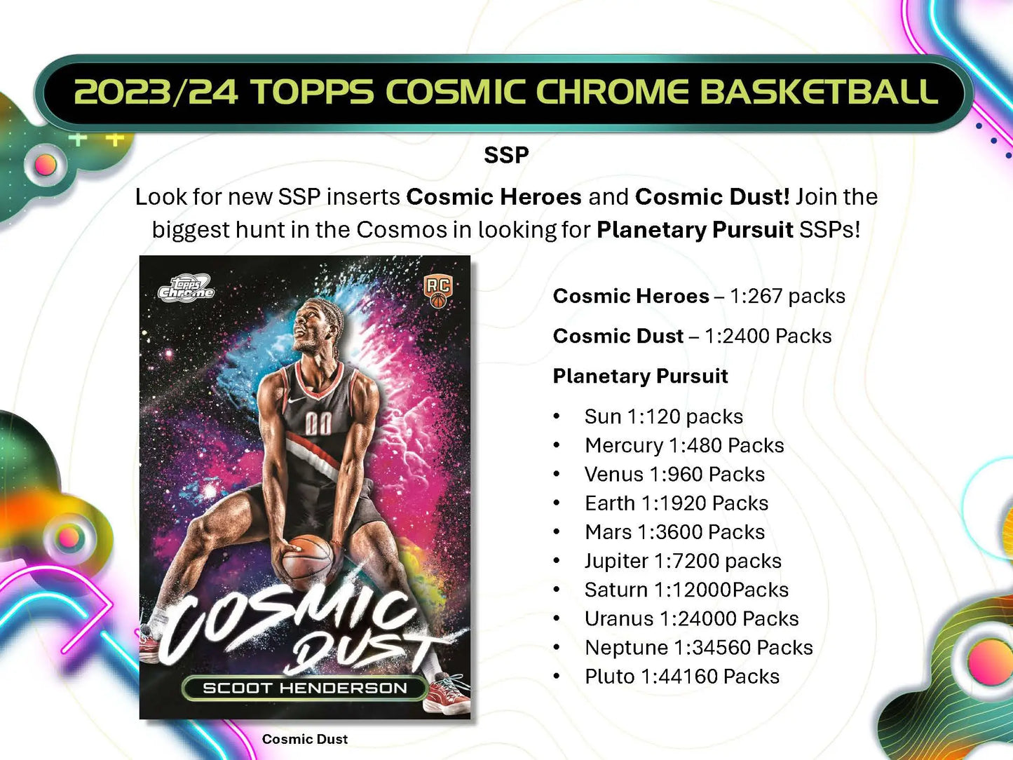 Promotional material for 2023/24 Topps Cosmic Chrome Basketball trading cards with rare insert pull rates
