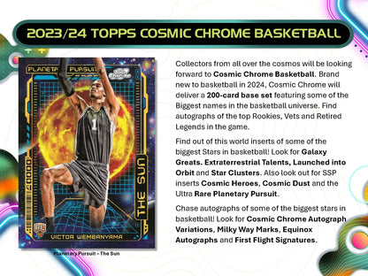 Cosmic Chrome basketball trading card of Victor Wembanyama from 2023-24 Topps Cosmic Chrome Basketball Hobby Box