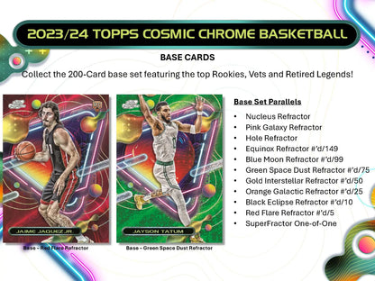 Graphic showcasing 2023-24 Topps Cosmic Chrome Basketball trading cards in a hobby box