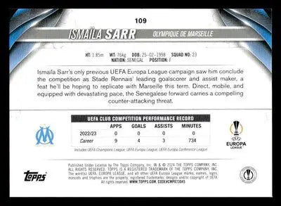 Back of Ismaïla Sarr football trading card from 2023-24 Topps Jade Edition UEFA Club