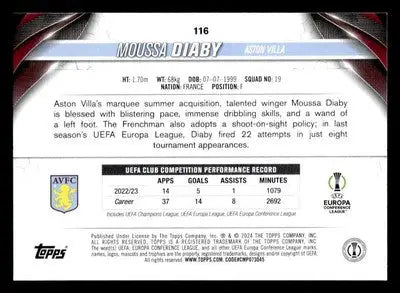 Trading card featuring Moussa Diaby with statistics from 2023-24 Topps Jade Edition UEFA