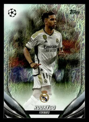 Soccer trading card of Rodrygo in white Real Madrid jersey from 2023-24 Topps Jade Edition UEFA Club