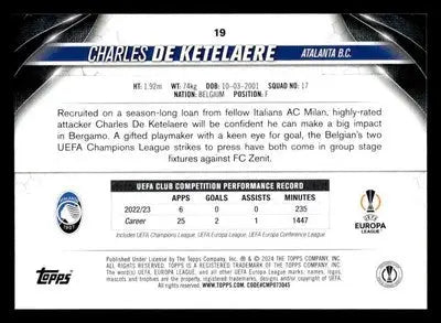 Sports trading card of Charles De Ketelaere from 2023-24 Topps Jade Edition UEFA