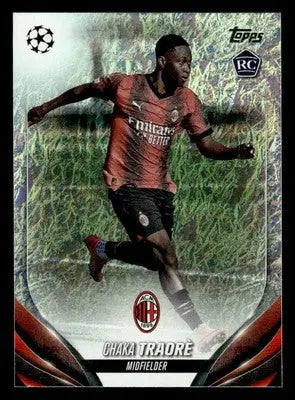 Football trading card featuring Chaka Traore in AC Milan jersey from 2023-24 Jade Edition UEFA