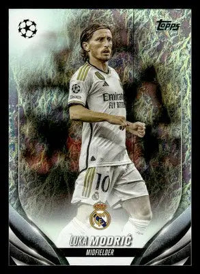 Trading card featuring Luka Modrić in white uniform from 2023-24 Topps Jade Edition UEFA Club