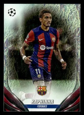 Collectible trading card of Raphinha in FC Barcelona jersey from 2023-24 Topps Jade Edition UEFA Club