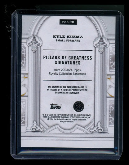 Back of Kyle Kuzma trading card in protective case from Topps Royalty Collection Basketball