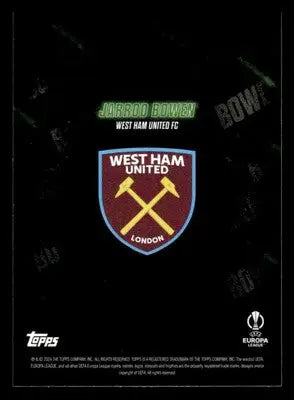Collectible sports card featuring West Ham United FC logo from 2023-24 Topps Showtime UEFA Club series